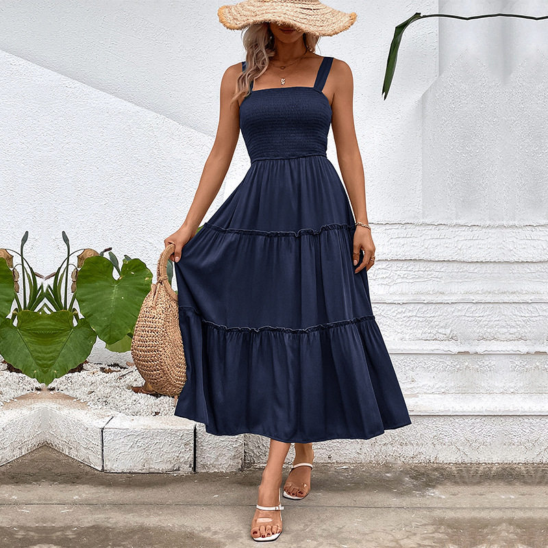 Casual Summer Dress Solid Color Adjustable Straps Waist Tie Design Beach Vacation Essential Wholesale Available
