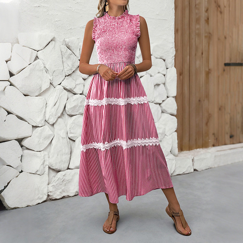 Summer Sleeveless Dress Sweet Lace Trim Striped Pattern Casual Style Perfect for Warm Weather Occasions Wholesale