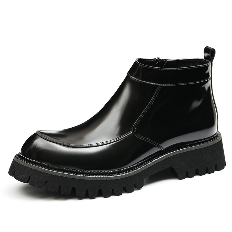 Boot Nam Cổ Cao Da Bóng Khóa Kéo Phong Cách Anh Quốc Chiều Cao Đế Khoảng 4cm Màu Đen