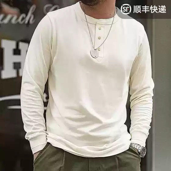 Maden Workwear American Retro Heavyweight Long Sleeve Henley T-Shirt Open Collar Tough Guy Outerwear Thin Base Layer Men's Spring