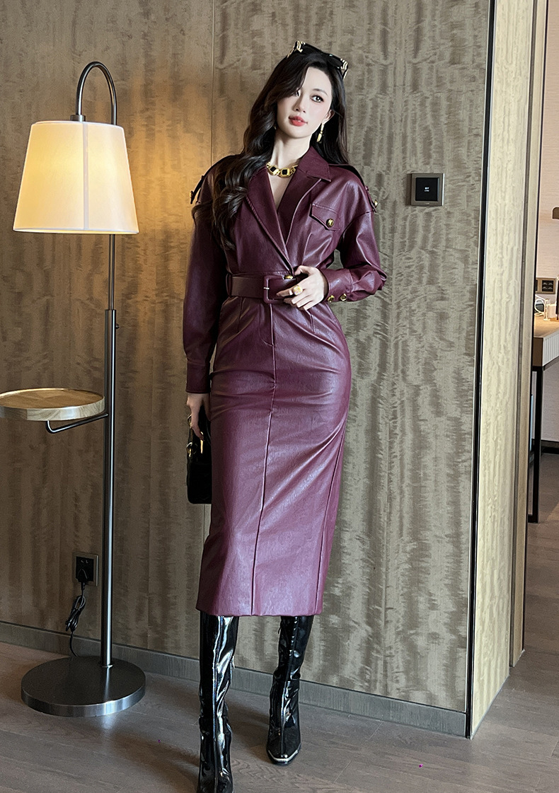 Đầm nữ dài tay cổ vest thắt eo chất liệu PU ôm body — Angola đỏ