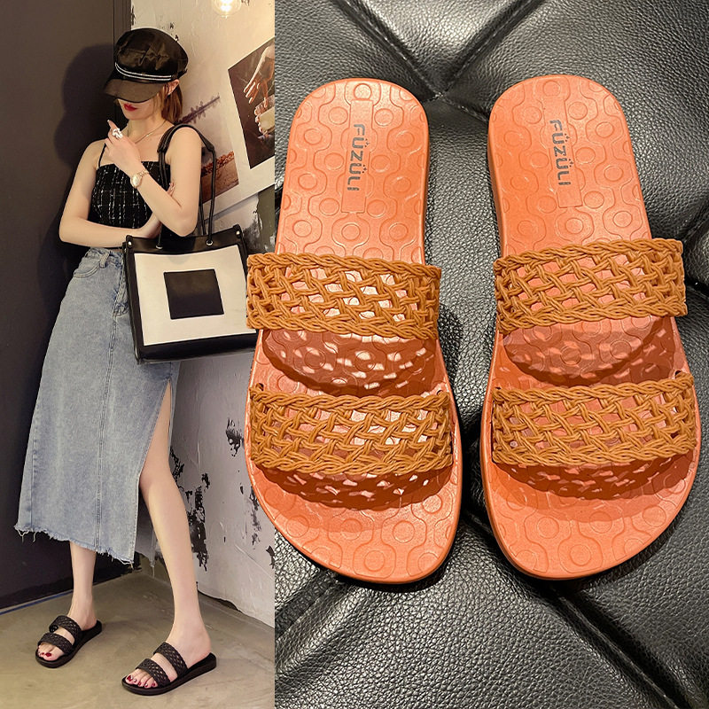 2023 New Style Slippers Women's Woven Flat Slippers Fashionable Students Open Toe Beach Shoes for Outer Wear