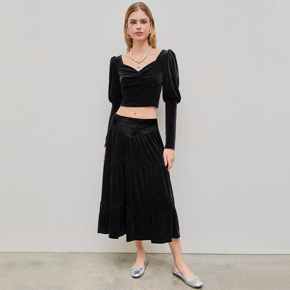 Mid Length Ruffled Velvet Skirt Elegant Design Soft Fabric Comfortable Fit Spring Summer Fashion Wholesale Available