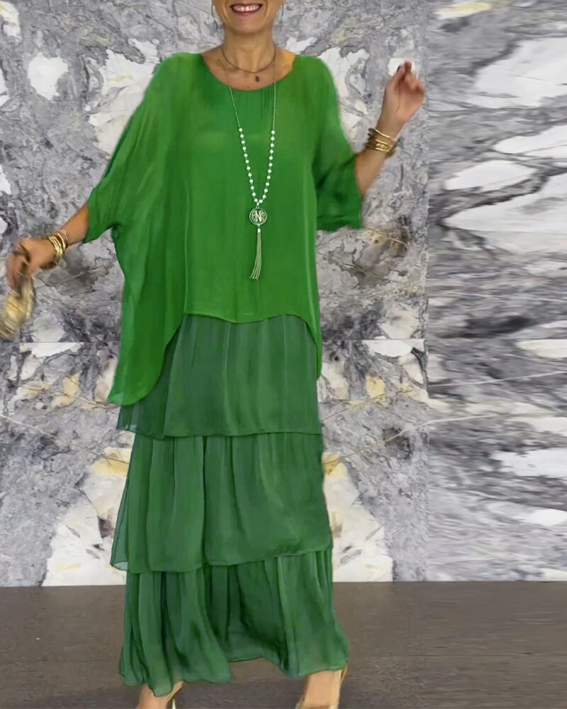 Chiffon Batwing Sleeve Maxi Dress Elegant Round Neck Trendy Design Lightweight Fabric Perfect for Spring Summer