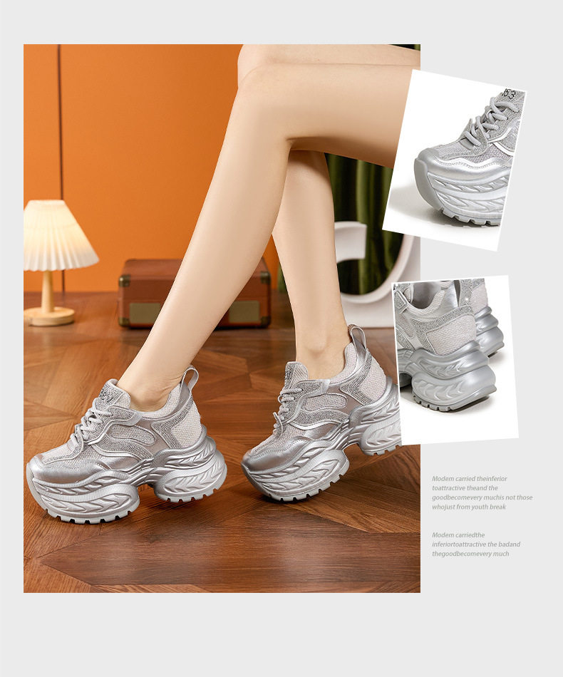 Giày sneaker nữ chunky đế dày đính đá rhinestone hở mũi quai ngang — Trắng, Bạc chi tiết 3