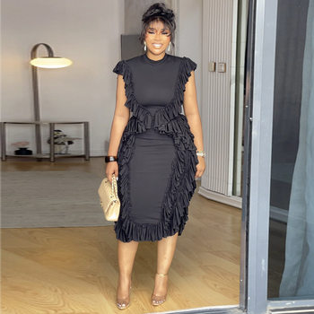 Spot European and American Cross-Border Women's Clothing 2025 Summer New Fashion Ruffled Waist Pure Color Hip-Hugging Dress