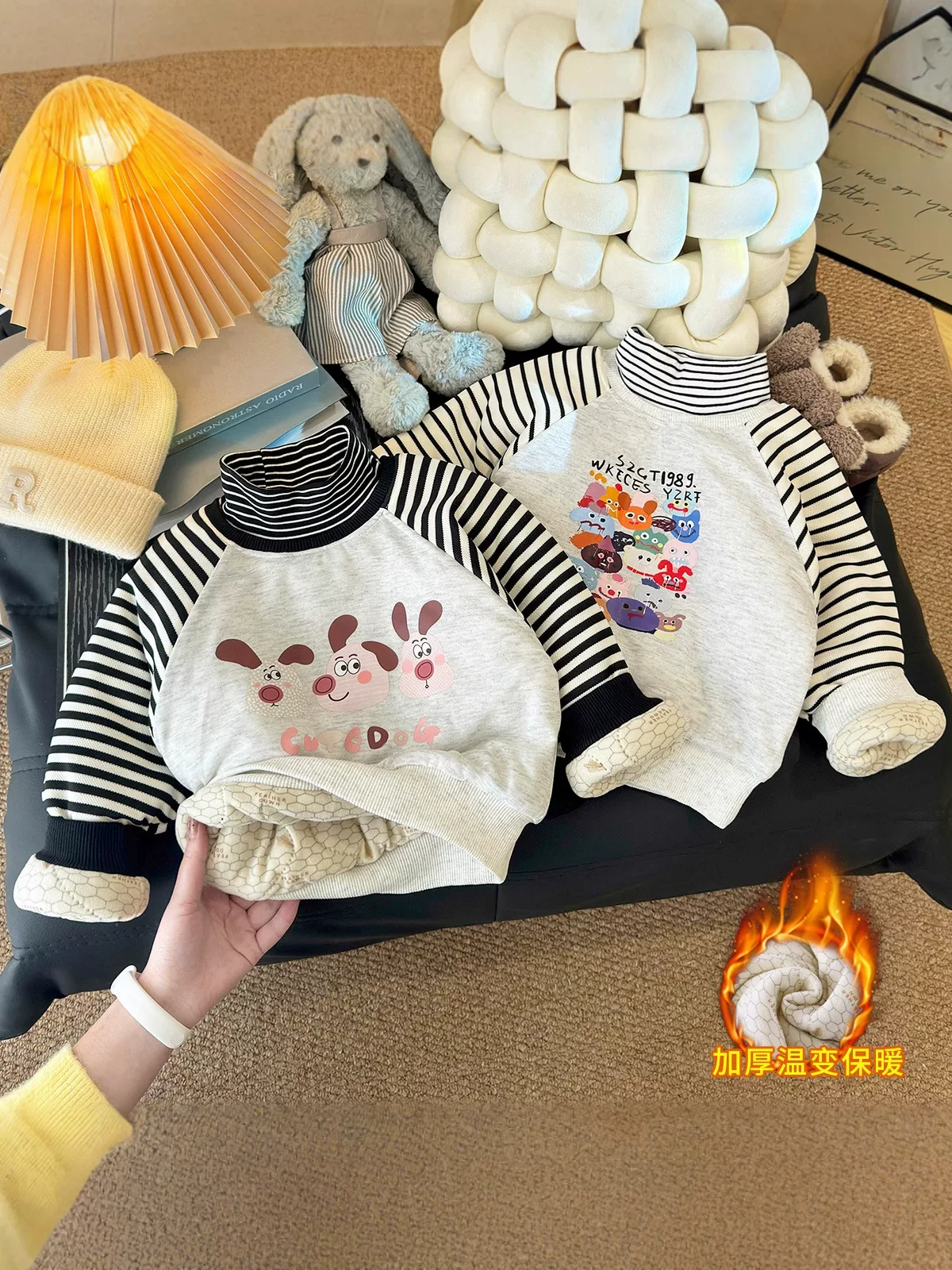 Children's Padded Thickened Top, New Winter Style, Boys & Girls Thermal Casual Striped Half-Turtleneck Undershirt