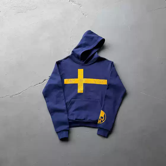 Peaceinwarpiw Heavyweight American Street Style Cross Print Hooded Sweatshirt Trendy Brand Jacket Spring Style for Men