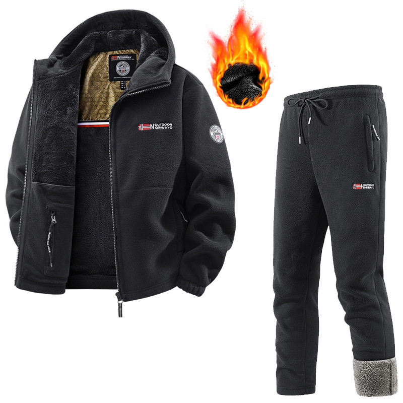 出口挪威大码保暖加厚双层带帽摇粒绒外贸跨境欧码加绒卫衣卫裤潮