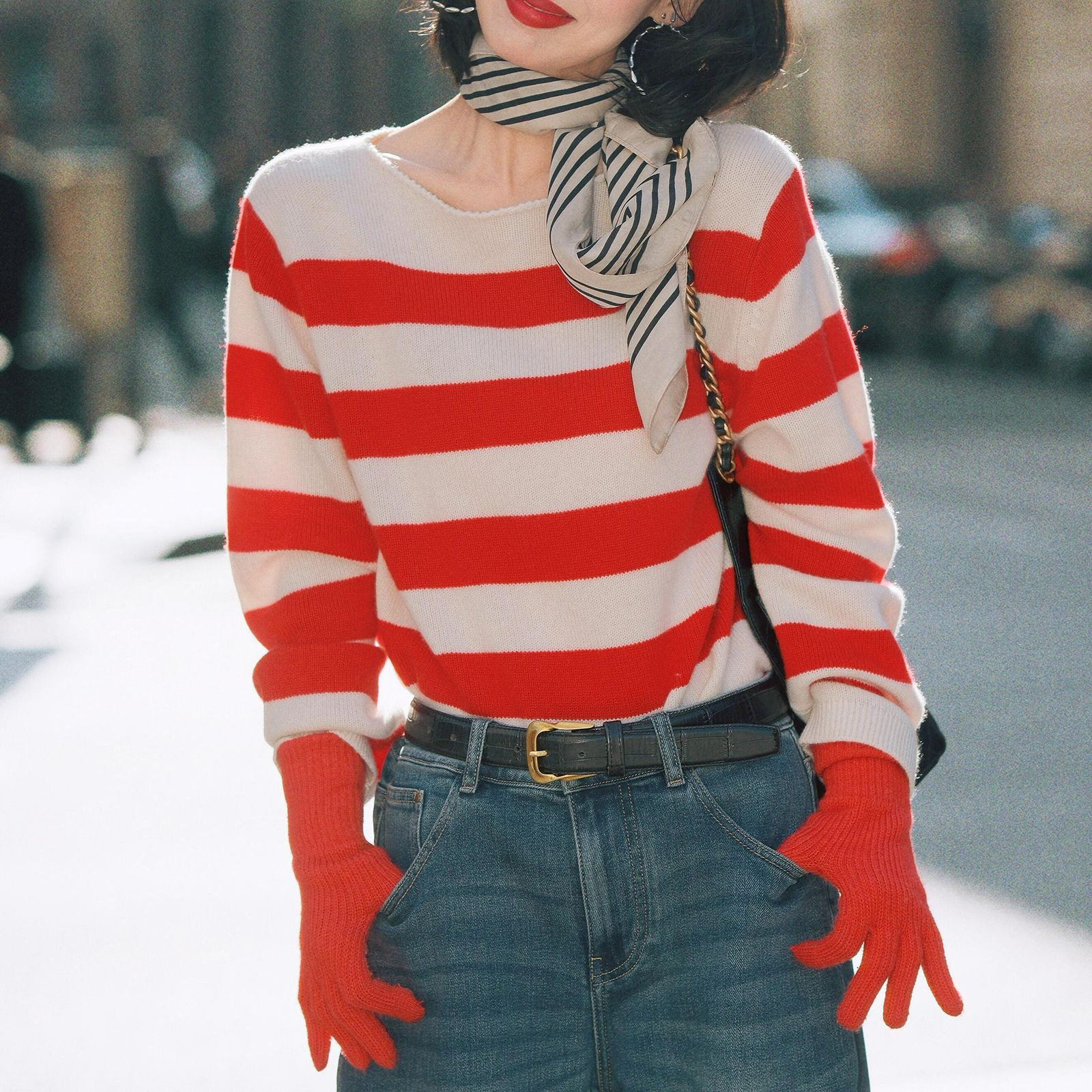 26早春新款羊毛撞色条纹针织衫新年绝美超好看的打底衫女毛衣上衣