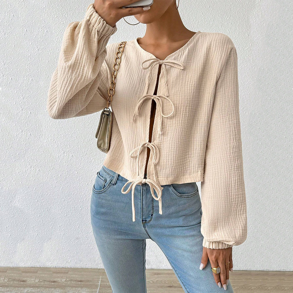Elegant Womens T Shirt Loose Fit Short Length Tie Front Design Autumn Winter Casual Wear Wholesale Available