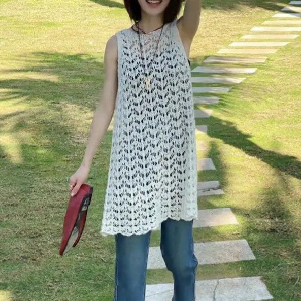 Lace Knit French Dress Sleeveless Mid Length Floral Crochet Stylish and Versatile for Casual Occasions Wholesale