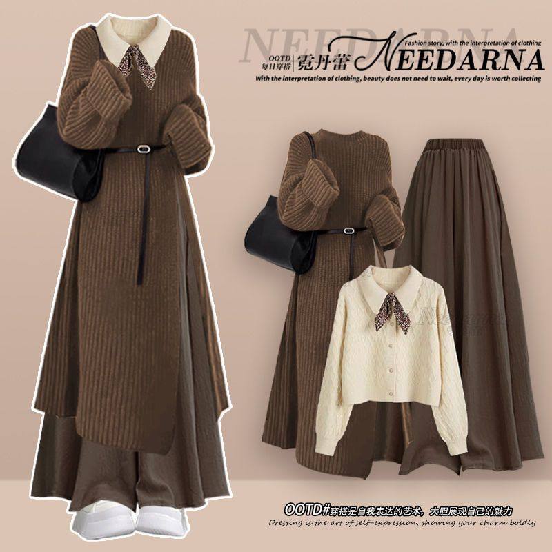 Autumn and Winter Outfits, a Complete Set of New Lazy Style Knitted Sweaters, Slimming and Versatile Skirts, Two-Piece Set