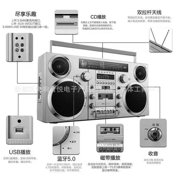 Retro Rock Cd Player Bluetooth Speaker Audio Radio Fmam Band Tape U Disk Music