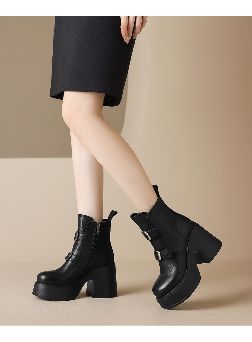 Boot nữ cổ thấp da bò thật khóa kéo bên hông, đế dày tăng chiều cao — Lớp lót đơn màu đen, Lớp lót đơn màu nâu, nhung đen, Nhung nâu