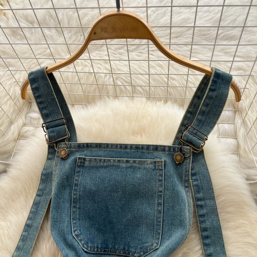 Vintage American Style Denim Overall Dress for Women Distressed Frayed Hem Slim Fit Autumn Casual Wear Wholesale