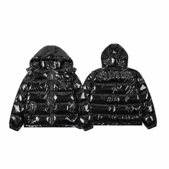 In-Stock Trapstar New Pu Leather Black Glossy Thickened Cotton Jacket with Detachable Hood Couple Coat
