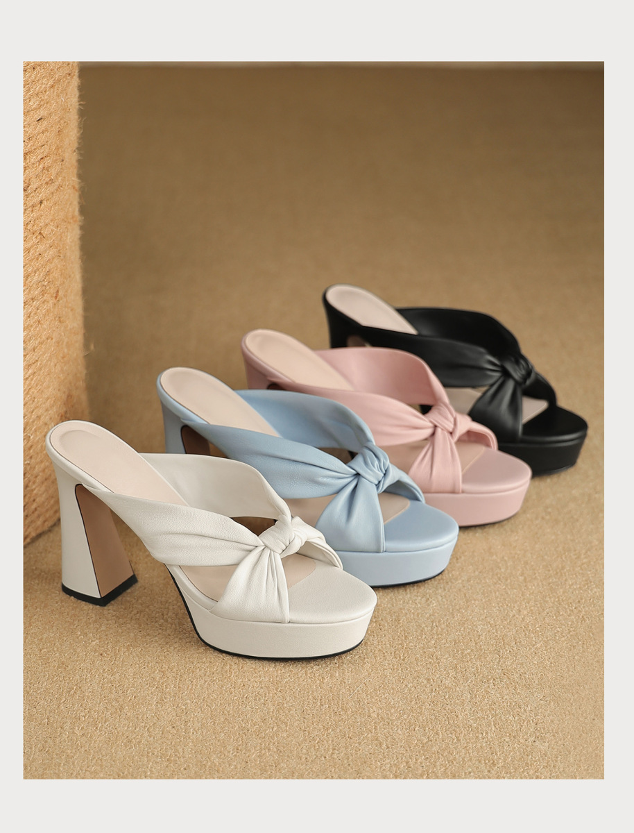 Sandal nữ quai ngang gót thô đế xuồng, mũi tròn da cừu, đi ngoài trời — Đen 10cm, Đen 8cm, Màu hồng 10cm, Màu hồng 8cm