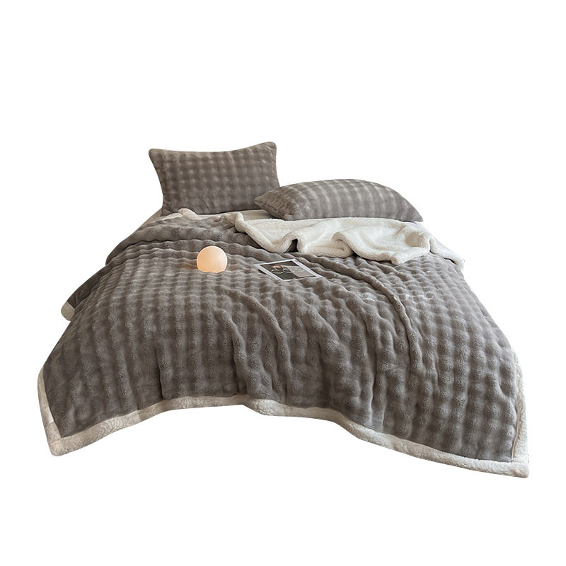 Double-layer Thickened Warm Bubble Rabbit Velvet Blanket Flannel Blanket Solid Color Lamb Velvet Blanket Sofa Nap Blanket