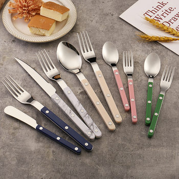 304 Stainless Steel Western-Style Tableware with Handle, Knife, Fork, Spoon, Marble Oiling Steak Knife, Household Dessert Spoon Set