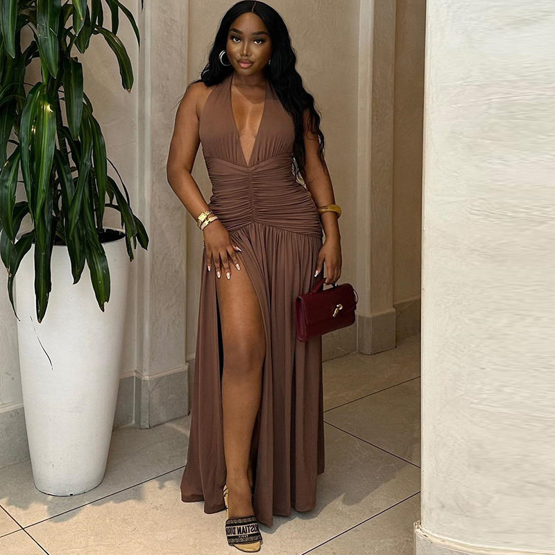 Sleeveless Deep V Neck Split Back Dress Solid Color High Slit Waist Defining Elegant Style Perfect for Parties and