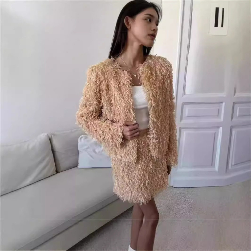 Fringe Two Piece Set Elegant Outerwear and Skirt European and Korean Style Perfect for Fall and Winter Wholesale