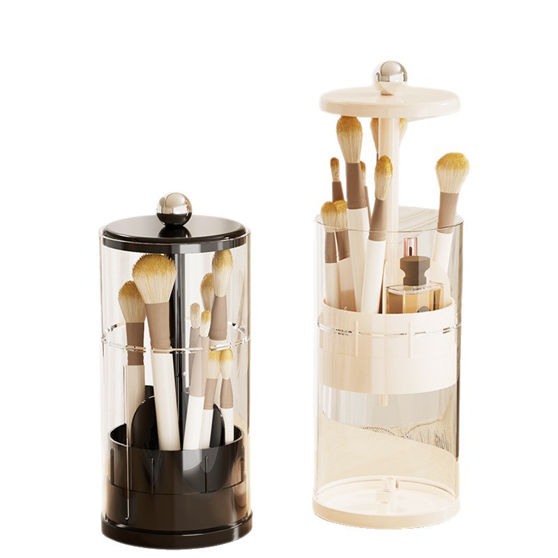 Press-Type Makeup Brush Storage Tube, Large-Capacity Compartmentalized Storage Box for Dressing Table, Makeup Brush and Eyebrow Pencil Holder, Adjustable Brush Tube
