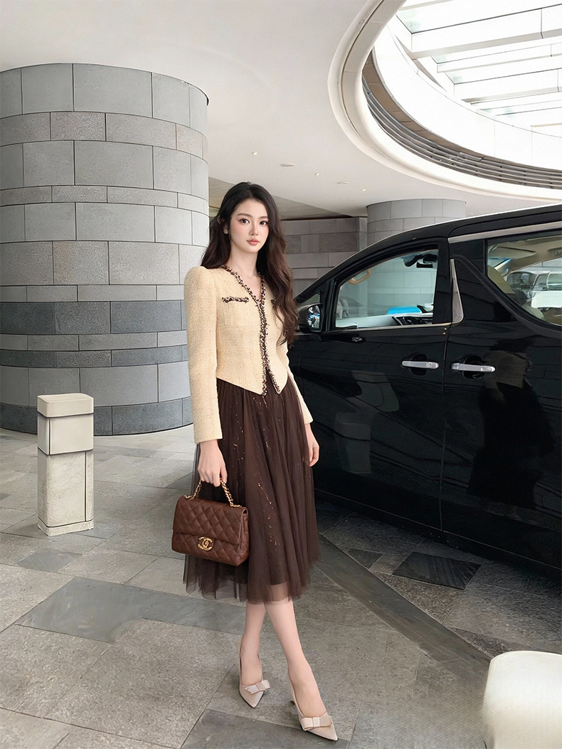Đầm liền thân nữ cổ chữ V chiết eo phối lưới dáng ôm — Màu nâu cà phê