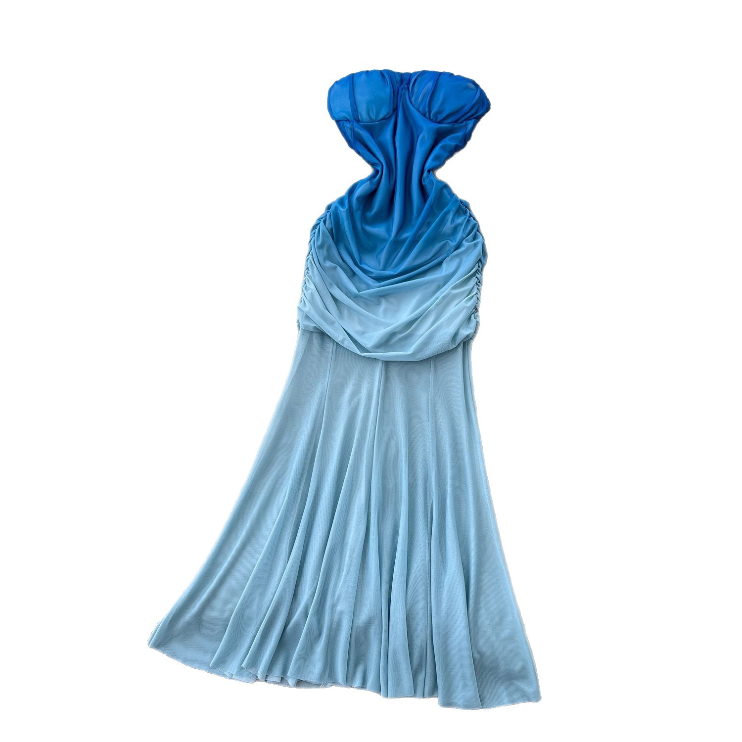 Strapless Mermaid Dress for Women Summer Elegant Gradient Color Ruffled Waist Mesh Fabric