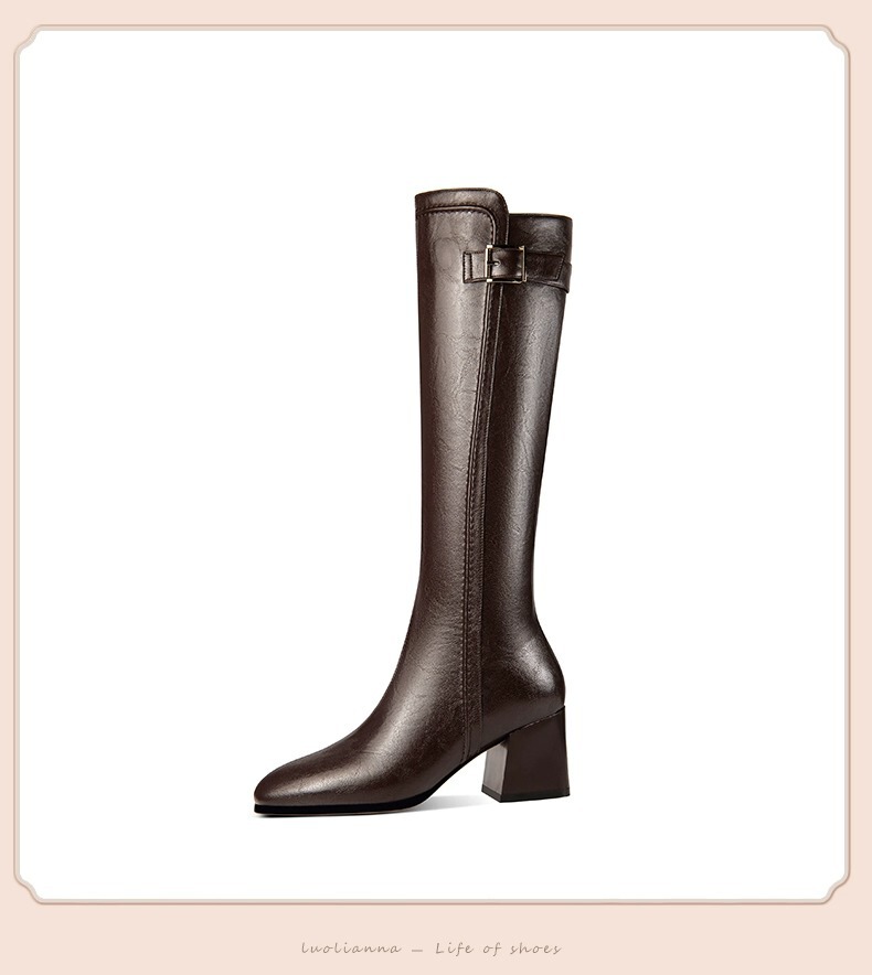 Boot nữ cổ cao gót thô mũi tròn phối khóa kéo bên, dáng ôm chân tôn dáng — Màu đen, Màu nâu