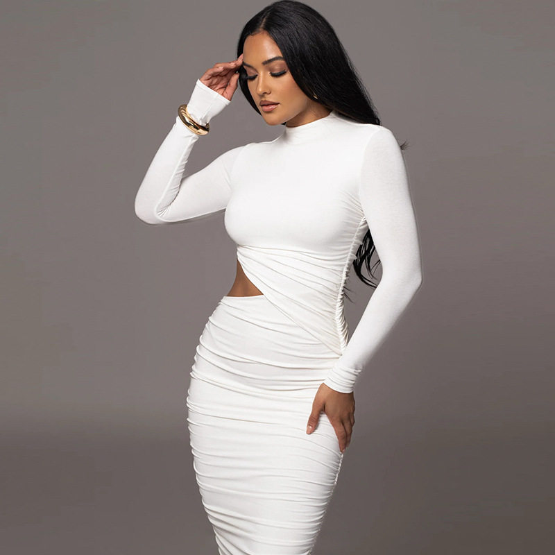 Elegant Bodycon Dress Long Sleeve Hollow Out Ruffled Design Solid Color Spring Fall Occasion Wholesale Available