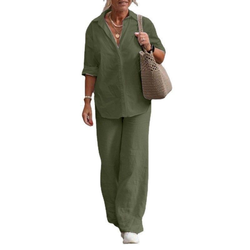 European and American Cross-border Women's Two-piece Suit Women's 2023 Lapel Long-sleeved Shirt Spring and Autumn Casual Solid Color Pants Wide-leg Suit