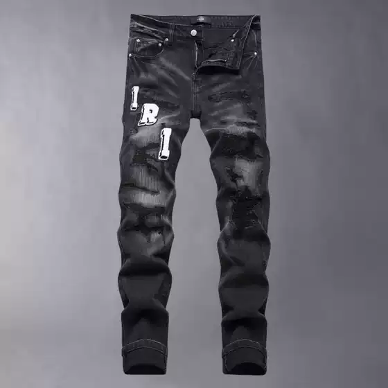 Am European and American Trendy Brand Spring and Autumn Distressed Letter Patchwork Leather Embroidered Slim Fit Men's Jeans Trendy Skinny Long Pants