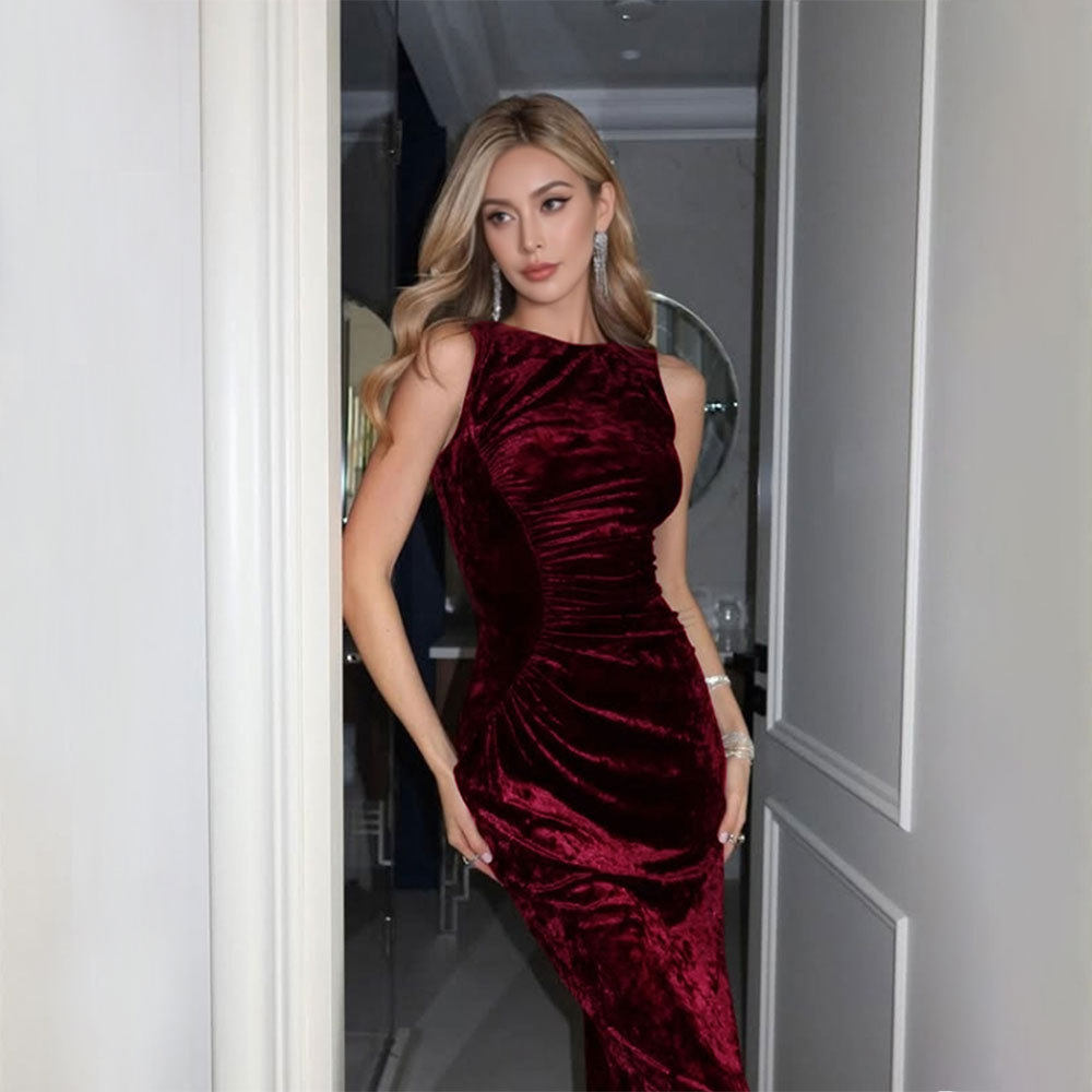 Elegant French Style Velvet Midi Dress for Women Summer Fashion High Quality Sophisticated Look Wholesale Available