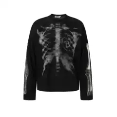 American Retro Skeleton Print Design Long-Sleeved T-Shirt for Men, Autumn Street Style Loose Casual Trendy Couple's Top