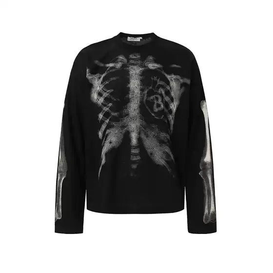American Retro Skeleton Print Design Long-Sleeved T-Shirt for Men, Autumn Street Style Loose Casual Trendy Couple's Top