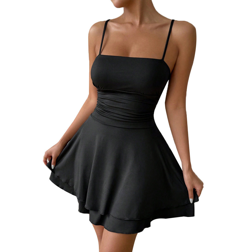 Summer Womens A Line Dress Simple Sexy High Waist Spaghetti Strap Black Casual Wear OEM Available