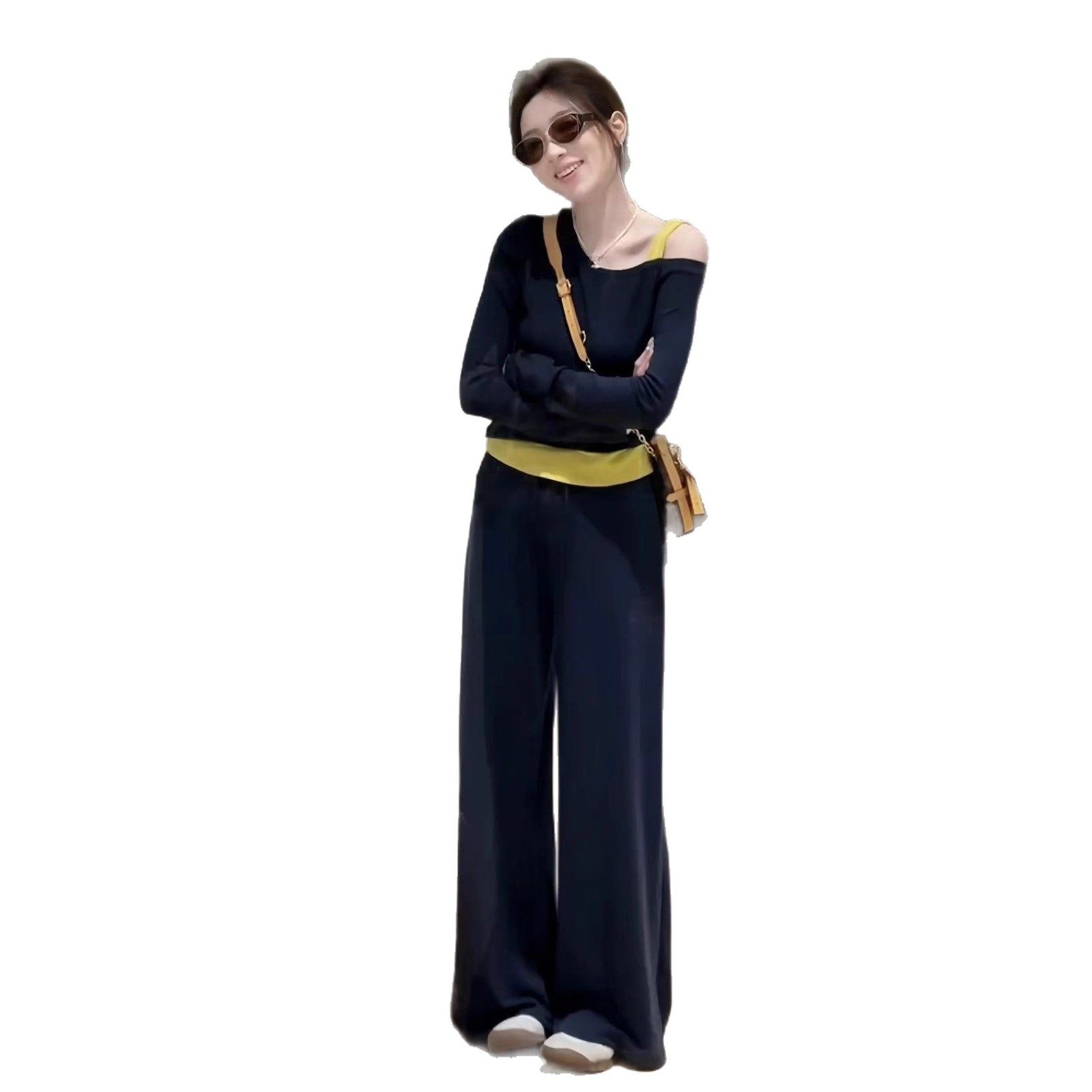 Contrast Color Fashion Sports Suit for Female Autumn Students Korean Style Loose Slimming Fake Two-Piece Slanted Shoulder Sweatshirt Casual Two-Piece Set