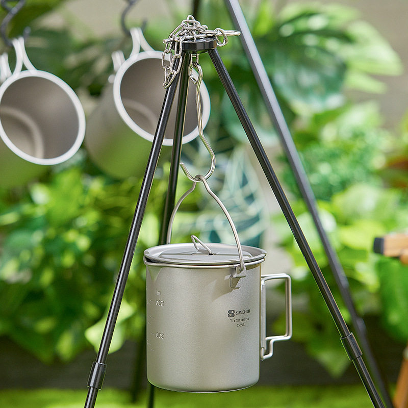 Outdoor Pure Titanium Cup Hanging Pot Foldableing Handle Travel Camping Pot Single Lunch Box with Lid 750ml Instant Noodles Lightweight