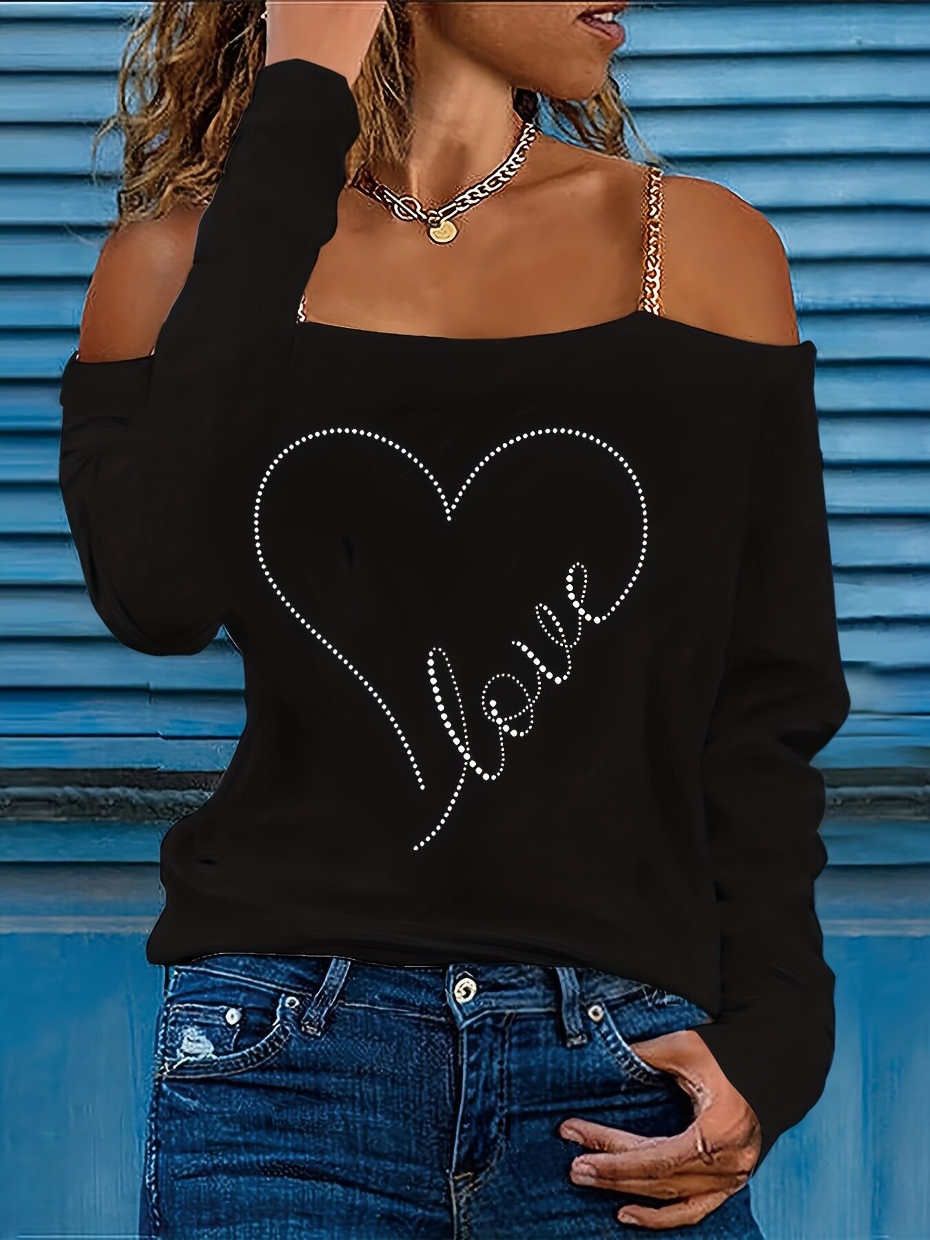 Womens Heart Print Long Sleeve T Shirt Stylish Off Shoulder Design Casual Streetwear Wholesale Available