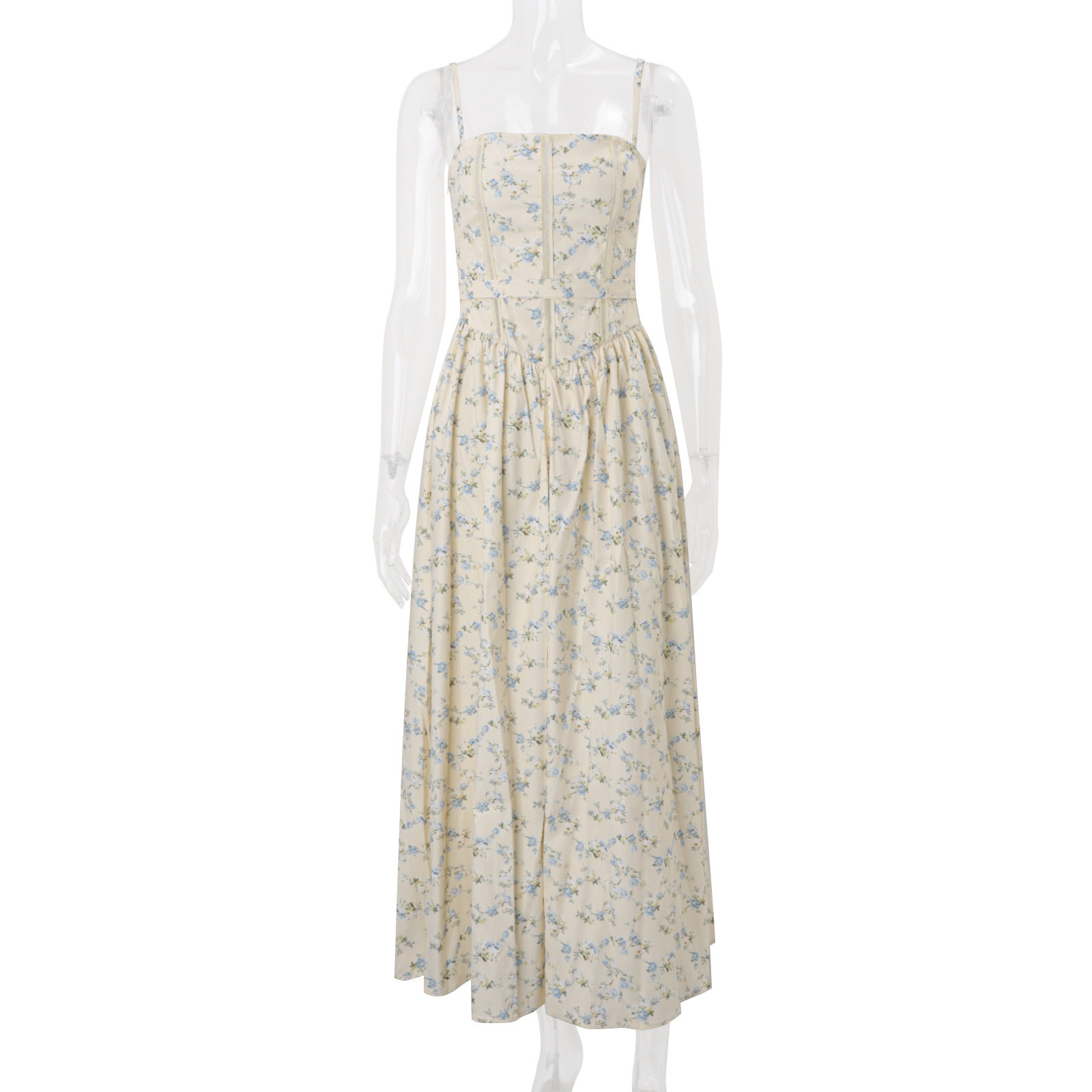 Summer Floral Print Midi Dress Slim Fit Spaghetti Straps Elegant French Style Perfect for Casual Outings Wholesale
