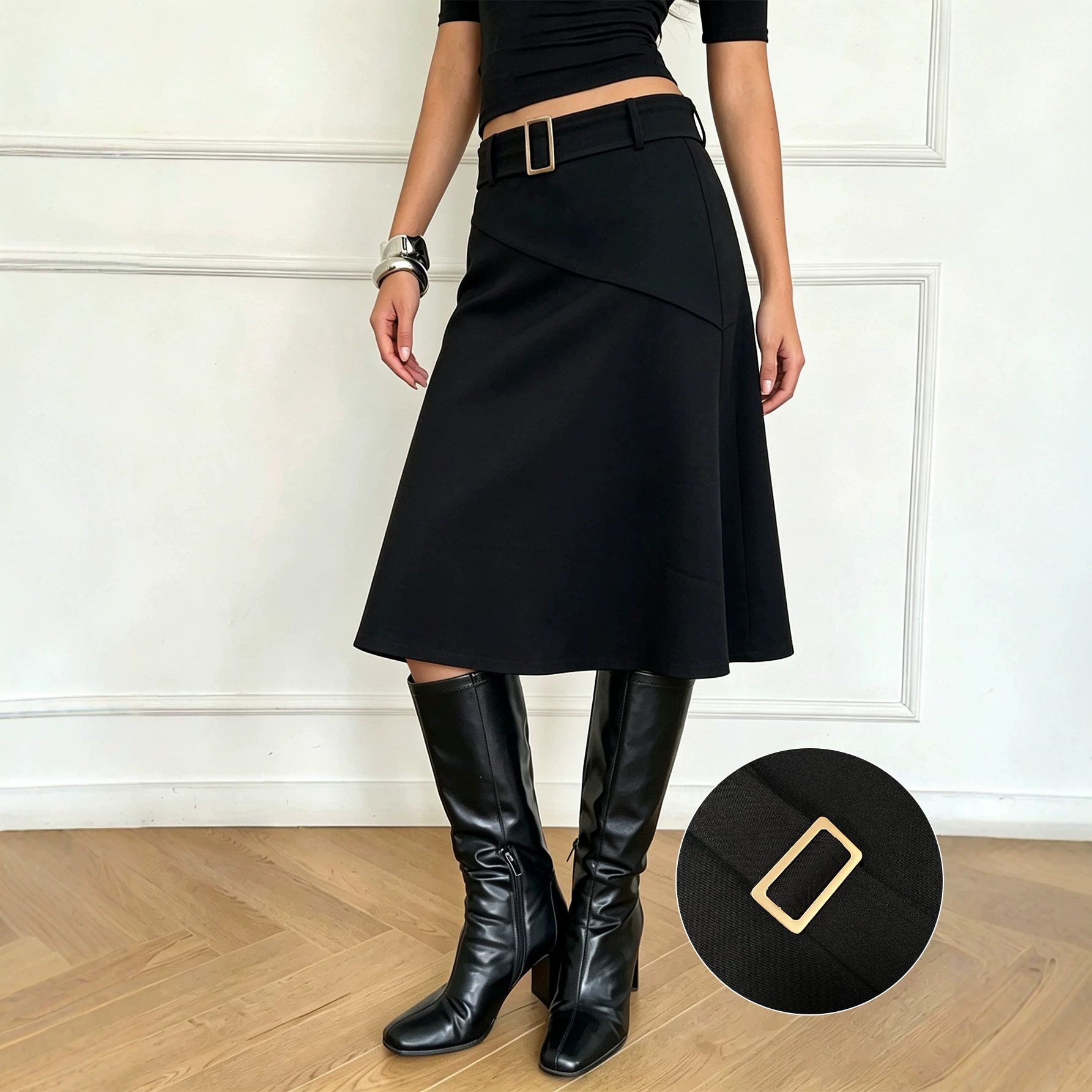 A Line Midi Skirt Belted Asymmetrical Hem Slim Fit Versatile Style Perfect for Casual or Formal Occasions