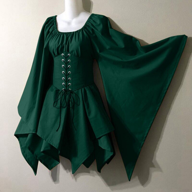 Renaissance Style Long Sleeve Dress Bell Sleeves Patchwork Design Elegant Fabric Perfect for Events and Gatherings