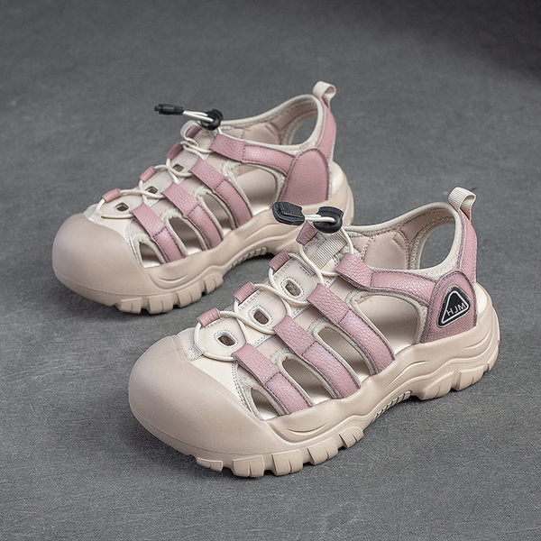 Dép Sandal Nữ Bít Mũi Dây Rút Đế Cao 4cm - 5cm Màu Kem, Hồng, Xanh
