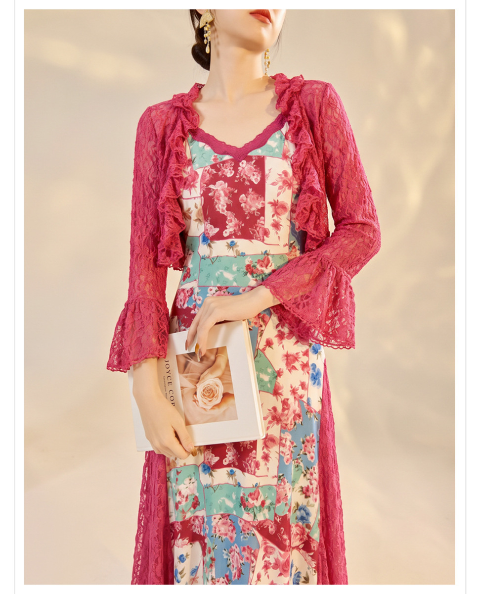 Set áo cardigan ren phối váy hai dây đuôi cá họa tiết hoa — Áo, Váy hai dây, Bộ
