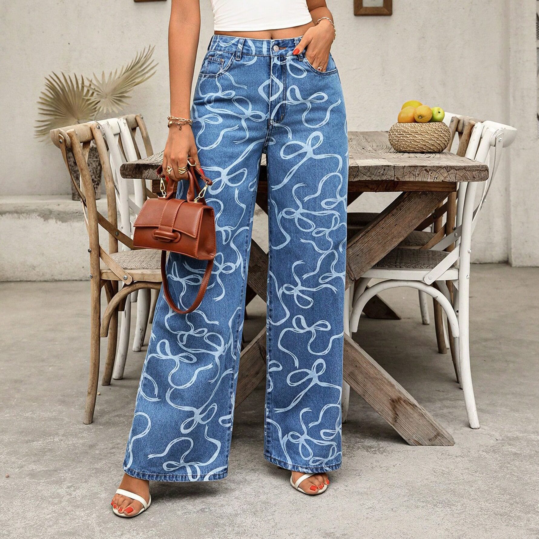 Casual Wide Leg Printed Denim Pants Fashionable Versatile Relaxed Fit Ideal for Everyday Wear Wholesale Available