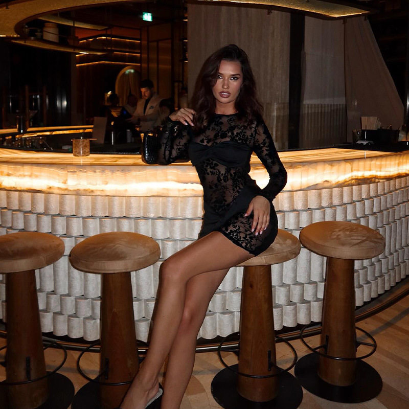 Black Lace Panel Bodycon Dress Long Sleeve Sheer Sexy Design Evening Wear or Party Dress Wholesale Available
