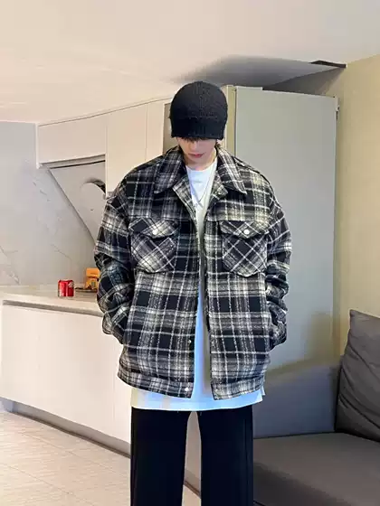 American-Style Red Plaid Jacket for Men, Winter Loose Retro Jacket, Trendy, Stylish, Versatile, Casual Woolen Coat