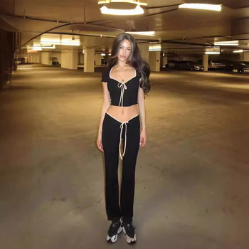 European and American Style 2024 Summer New Women's Fashion Short-sleeved Square Neck T-shirt Slim-fit Low Waist Micro-blared Trousers for suit Women