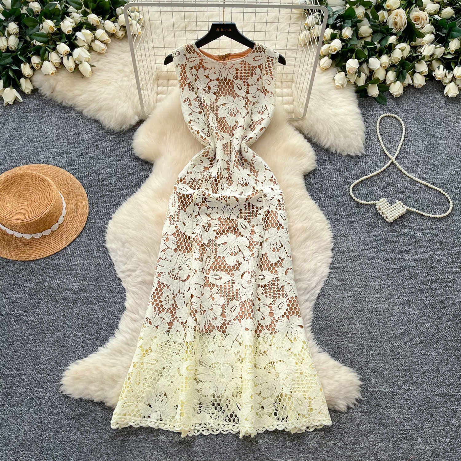 French Romantic Style Lace Hollow Out Sleeveless Dress High Waist A Line Silhouette Elegant Summer Long Dress Wholesale